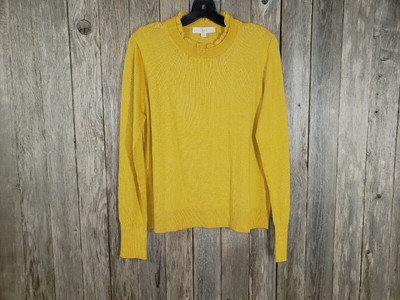 NEW Loft M Women's Sweater Yellow Gold Ruffle Neck Crew Pullover Wool Blend