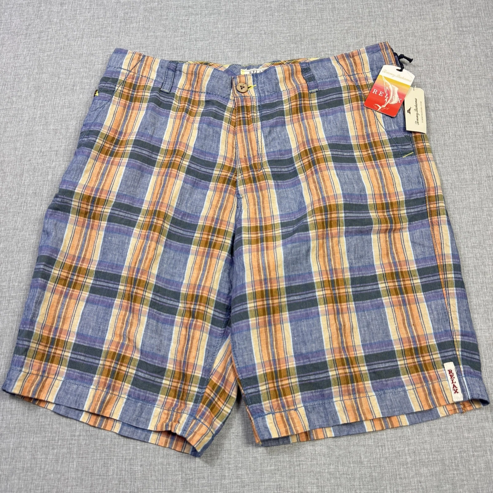 Tommy Bahama Tartan Tide Shorts Mens 34 Blue Plaid Bermuda Linen Flat Front
