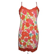 Josie Natori Mid Century Mod Nightgown Chemise M Lace Vibrant Floral 60s Lounge