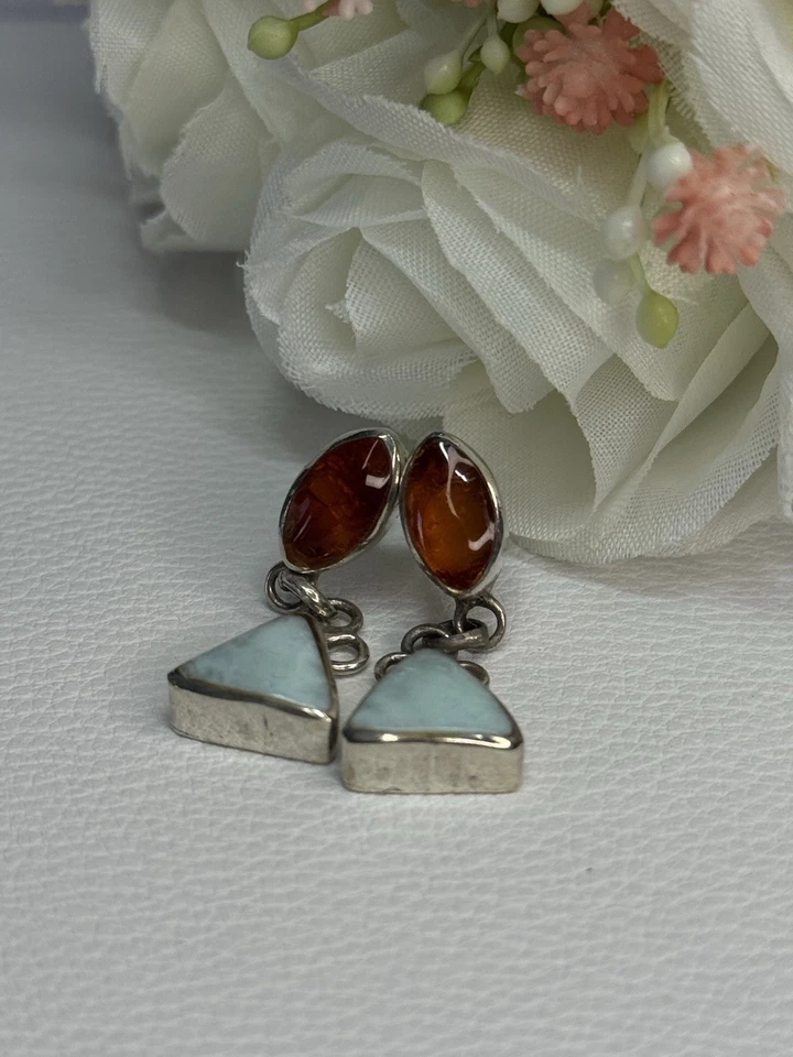 925 Sterling Silver Amber & Larimar Earrings Length 1.30 Inch - Image 4 of 4