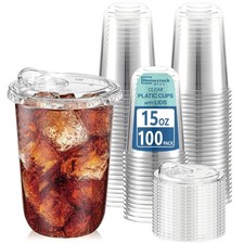 15 oz Clear Plastic Cups with Lids 100 Pack - Strawless Sip Lids, Leak-Proo...