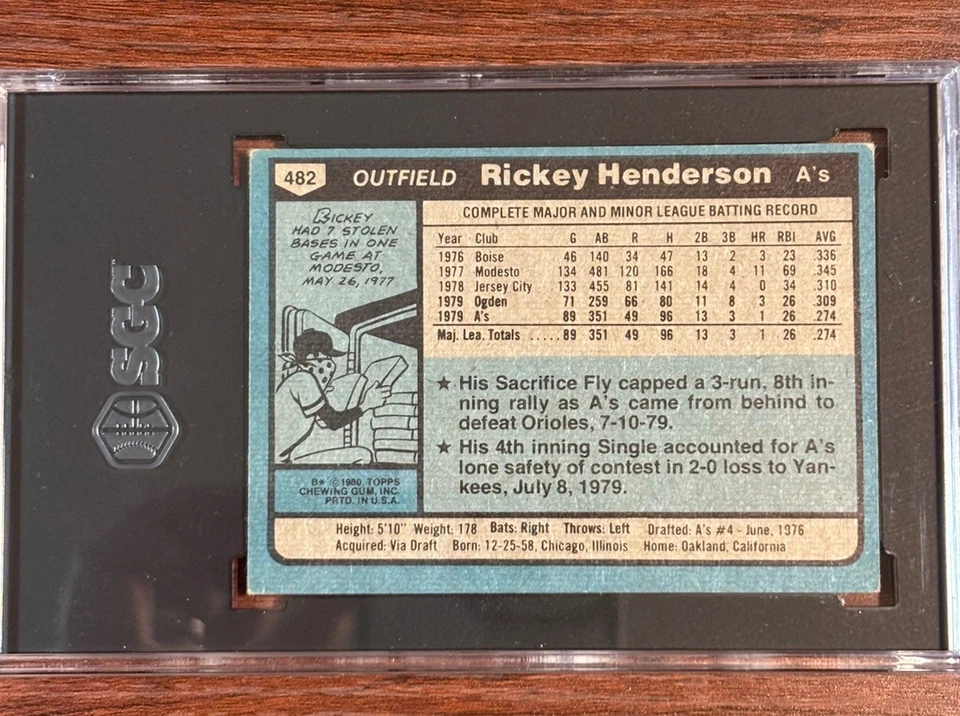 Tarjeta de novato 1980 Topps #482 SGC 5 Rickey Henderson RC HOF OAKLAND ATLETISMO Foto 2 de 2