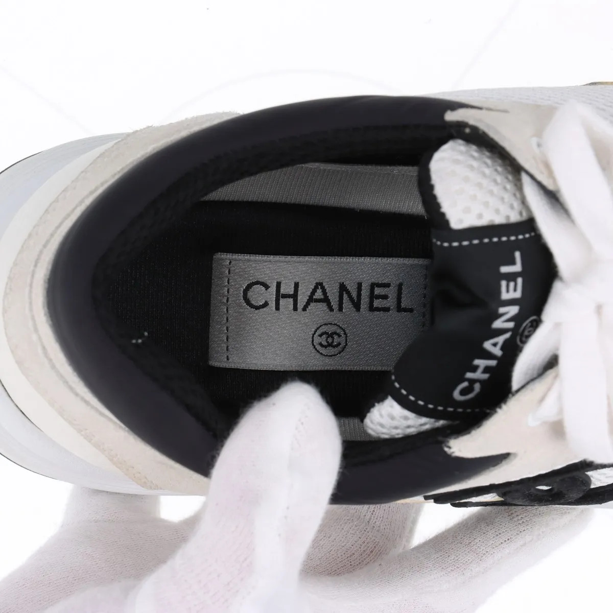 Chanel Coco Mark Leather x fabric Sneakers 40 Unisex White x black G38299 Mesh thumbnail 9