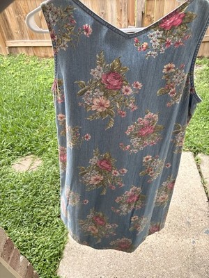 Liz Claiborne Floral Denim Dress Women s Size 12 Sleeveless Vintage Cottagecore