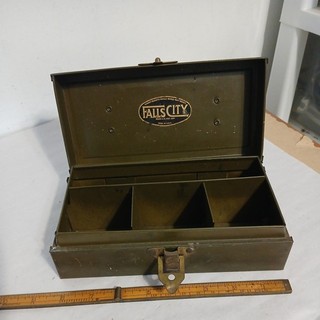 Vintage Falls City Early Metal Green fishing Tackle Box small fly rod spinning