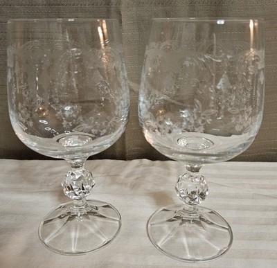 Vintage Set Of 2 Bohemia Crystal Cascade Etched Wine Glass Goblets, Perfect Cond