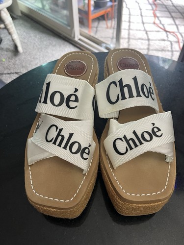 Chloé Logo Strap Slide Sandals White/Beige Slip On Leather Lined EU 41