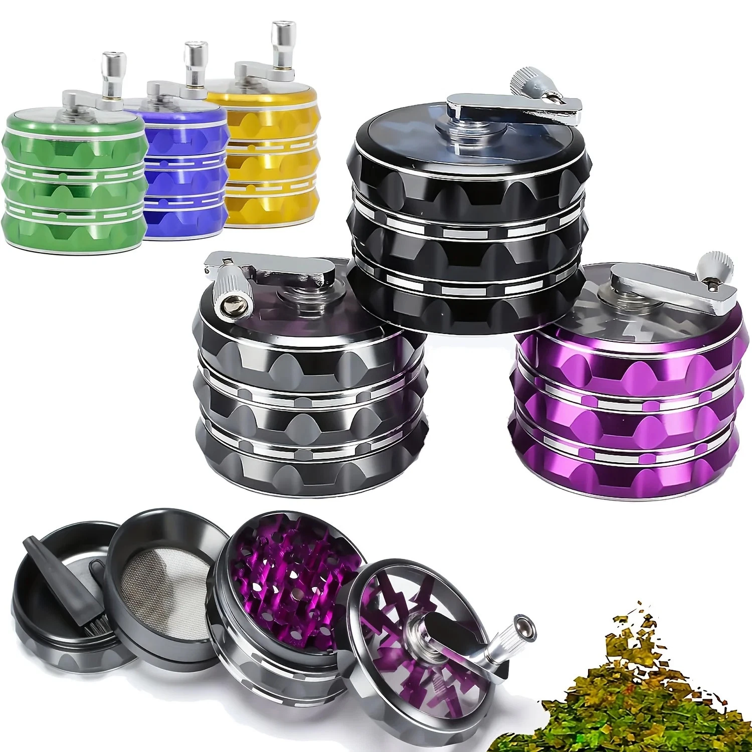 2.5" 4 Piece Spice Crusher Hand Crank Aluminum Grinder Kitchen Herb Crusher