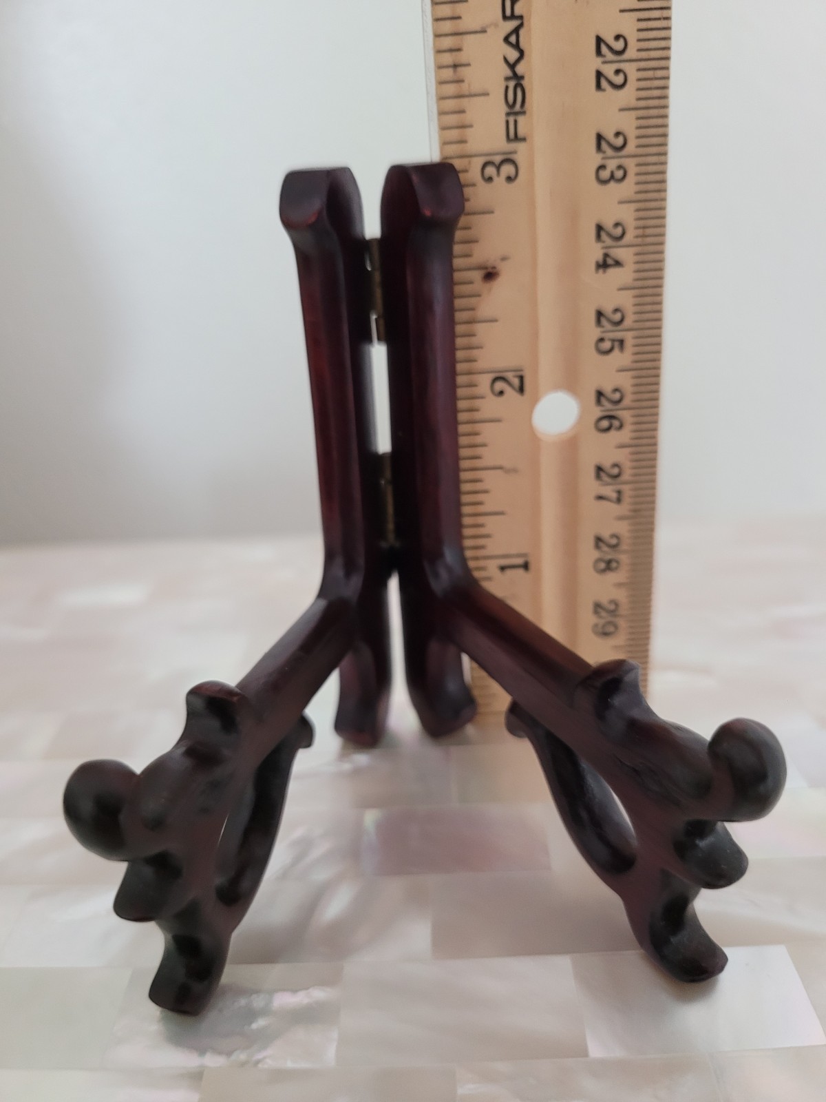 Vintage Pair of Small Chinese Dragon Carved Rosewood Easel Display Stands 3" H