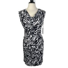 NEW Calvin Klein Size 8 Black White Drape Neck Faux Wrap Sleeveless Dress