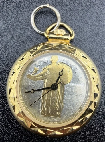 Vintage Liberty Coin Small pendant Pocket watch Gold Tone Working Quartz