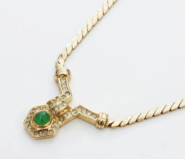 Collana Christian Dior strass pietra verde tono oro ciondolo accessorio donna
