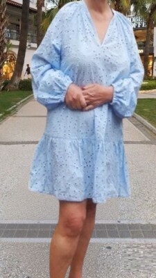 h&m blue eyelet dress NWT H&M 100% Cotton Eyelet Embroidered Bandeau Midi Dress Light Blue Sizes L, XL