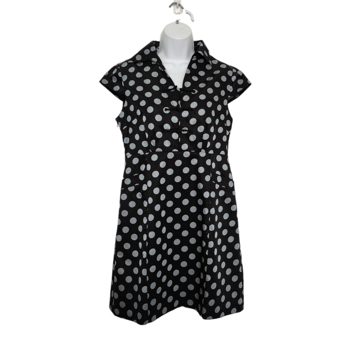 Womens Asian Style Structured Cap Sleeve Polka Dot Dress Frog Buttons FLAW.  | eBay
