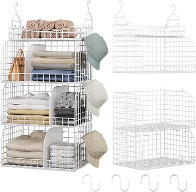 3-Tier Metal Hanging Closet Organizer with Dividers & S Hooks - Foldable Shelves