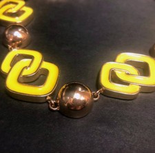 Vtg LIZ CLAIBORNE Geometrical Chunky Statement Necklace Yellow Enamel Gold