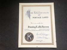 1951 KIWANIS CLUB Portage Lakes Oh Certificate Stanley McFarren FREEMASONRY