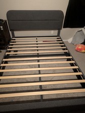 Gray Upholstered Platform Bed Frame Queen Size Headboard Metal Modern