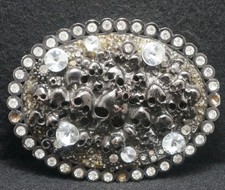 XC19174 AMAZING VINTAGE 1970s SKULLS RHINESTONES BONES ARTWORK BELT BUCKLE