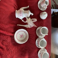 Miniature 14Pc VTG Porcelain Tea Set Hearts Red Silver Sticker On Teapot