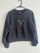 GUESS Black Pullover Sweatshirt XL Women's Crew Neck Logo Embellished