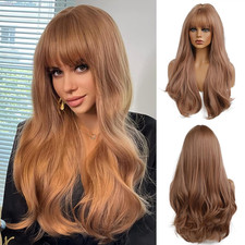 24 Inches Strawberry Blonde Long Wavy Wig with Bangs for Women Natural Synthetic