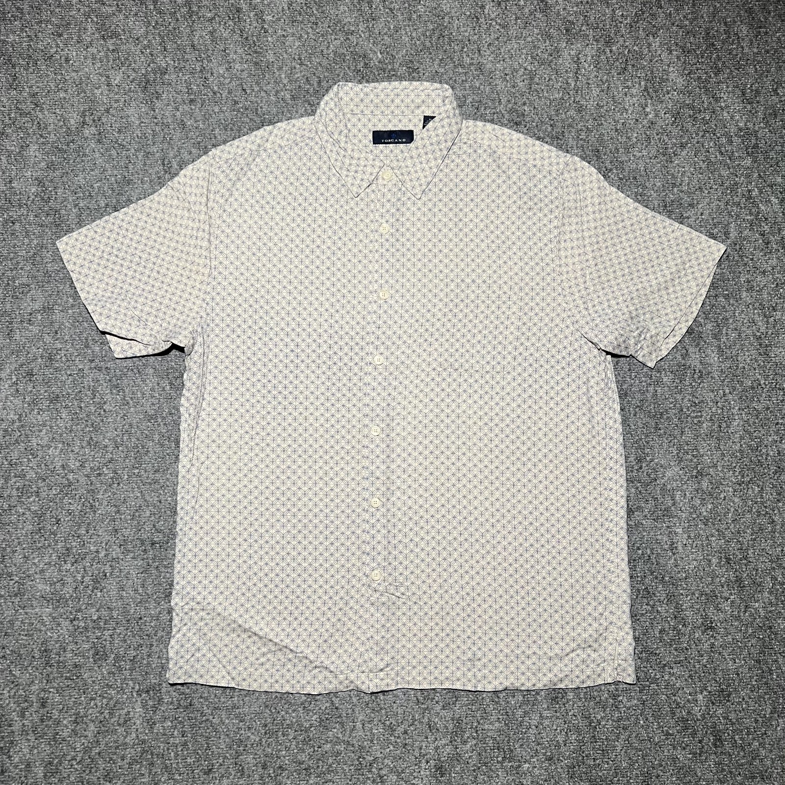 Toscano Silk Rayon Short Sleeve Mens XL Button Up Shirt Geometric Ivory Blue