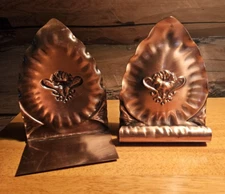 Gregorian Label Copper Bookends Leaf Design with Flower Made in USA