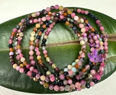 Wholesale 6 Pcs Natural Watermelon Tourmaline 4mm Faceted 7.5  Stretch Bracelet