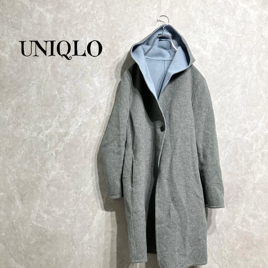 Uniqlo Double Face Hooded Coat Women Size S Wool Blend Gray Light Blue