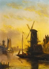 Oil painting Jan Jacob Coenraad Spohler summer landscape windmill at sunset ART