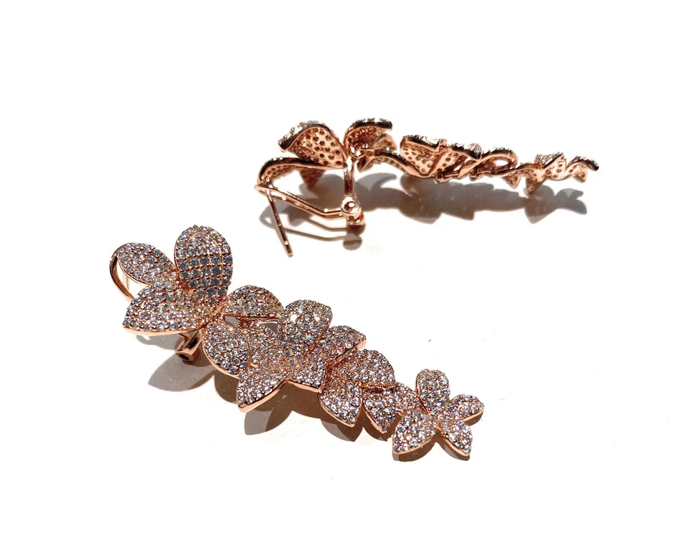 Orecchini Pendenti Donna Argento 925 Rosé con Zirconi Bianchi Motivo Floreale - Immagine 3 di 3