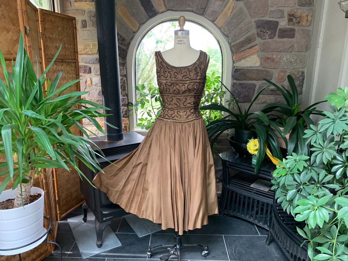 Vintage 1950s Mocha Brown Taffeta and Sequin Formal Dress