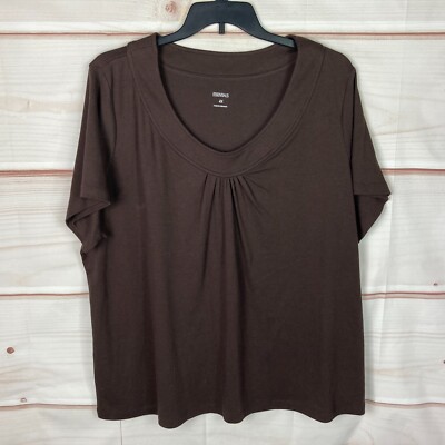 Essentials Top Womens 4X Brown Scoop Neck T-Shirt Short Sleeve Solid Pleated