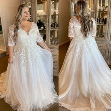 Plus Size Long Sleeves Wedding Dresses Plus Size Sweep Train Half Sleeves Bridal