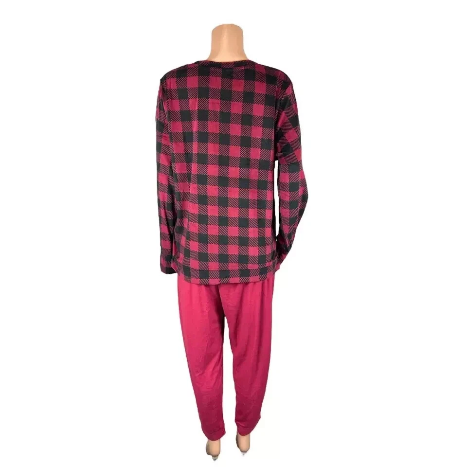 Cuddl Duds Women's Tall Soft Velour Fireside Lounge Set Rumba Red Check TXL Size - Image 2 of 2