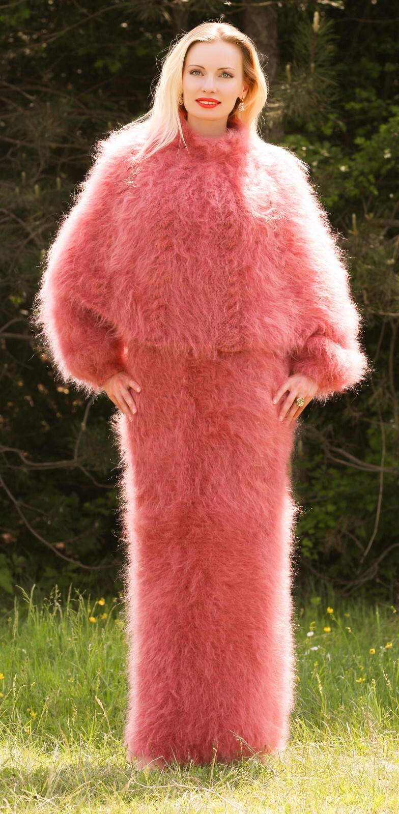 Long red mohair sweater dress cowlneck hand knit designer gown SuperTanya image 9