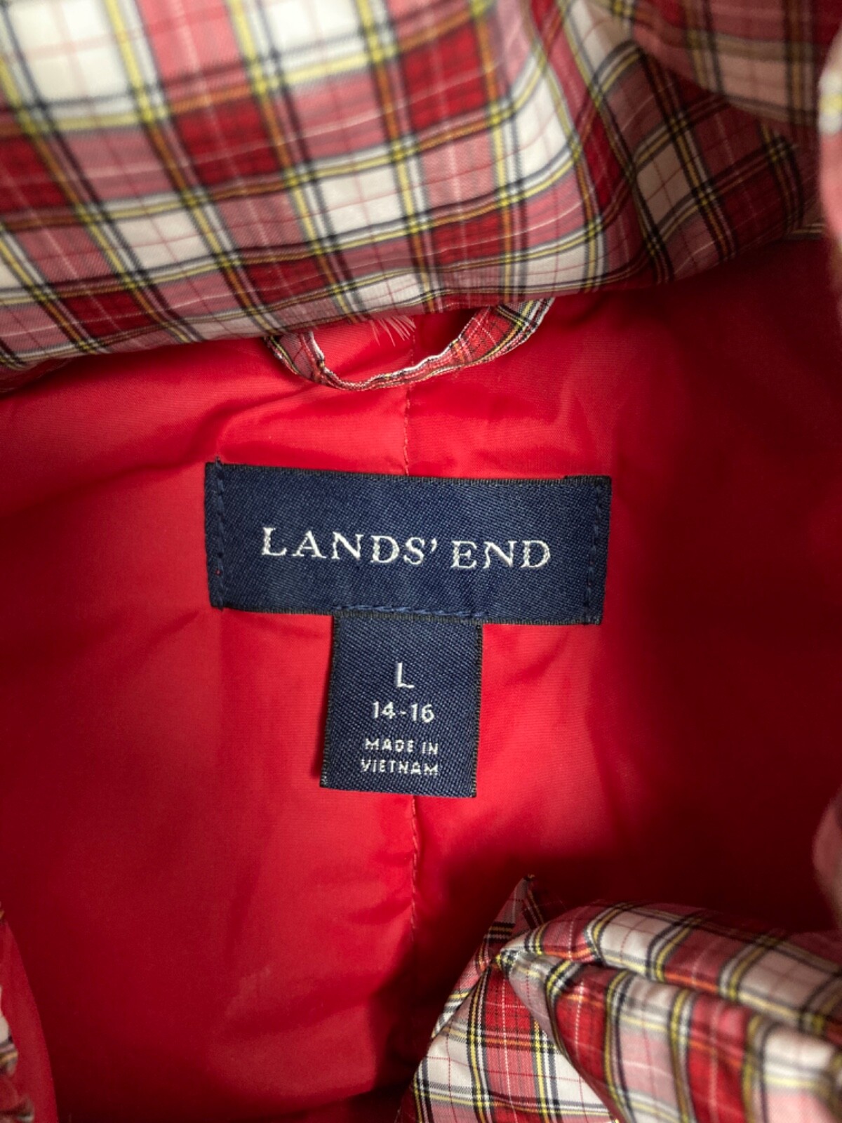 Lands' End Womens Size Large 1416 Quilted Down Snap Puffer Red Plaid