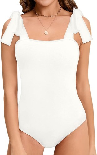 MANGOPOP Women's Square Neck Sleeveless Tank Tops Tie Shoulder Bodysuits S - Picture 7 of 9