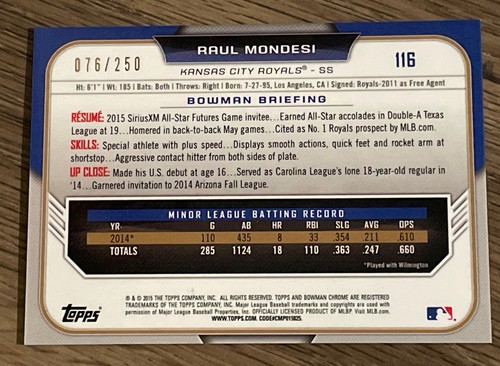 2015 Bowman Chrome Purple #116 Raul Mondesi /250 - Picture 2 of 2