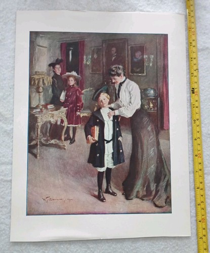 1908 Thomas Smedley Color Lithograph " Off To School" 16×10 See Pics Nice Print