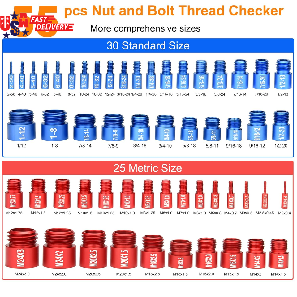 55Pcs Nut and Bolt Thread Checker 25 Metric + 30 SAE Inch Thread Gauge ...