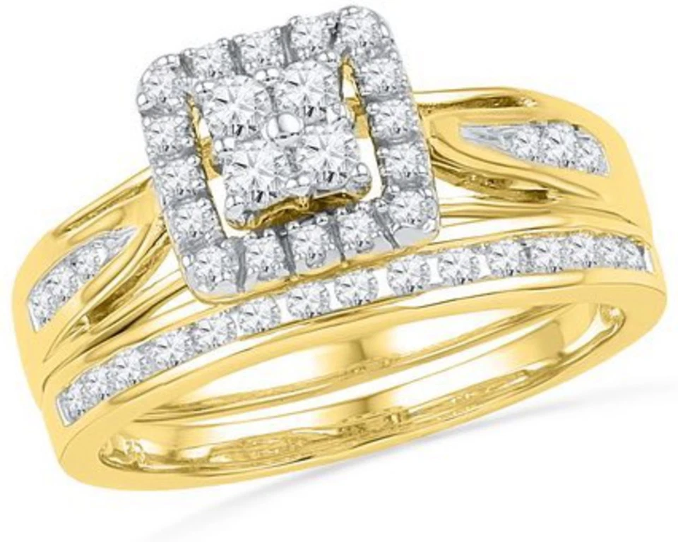 1/2 CT. T.W. Multi-Diamond Frame Bridal Wedding Set 10K Yellow Gold 5 grams - Image 2 of 4