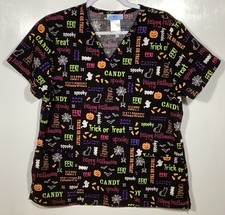 Halloween Scrub Top womens size M medium Word Spooky Candy Boo Trick Or Treat
