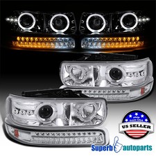 Fits 1999-2002 Silverado Dual Halo Projector Headlights Led Bumper Lamp Light