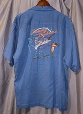 Tommy Bahama Mens XL 100 Silk Emb Blue  Catch Of The Day" Camp Shirt 