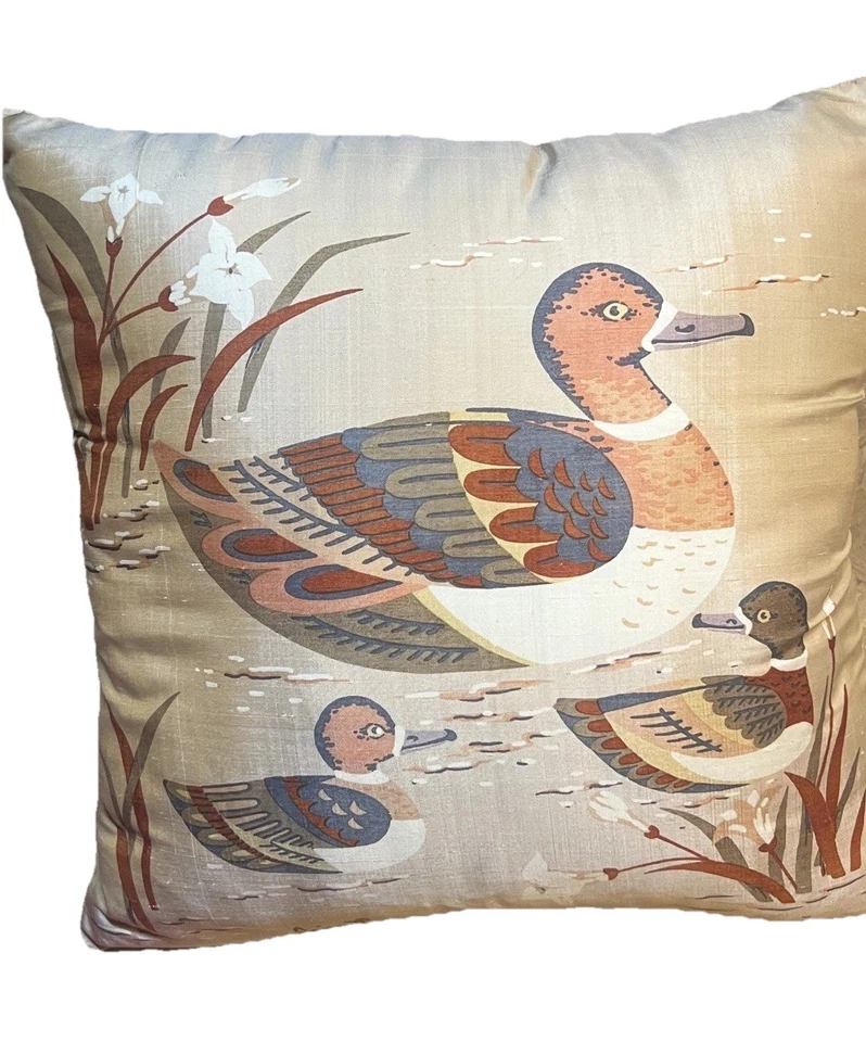 Vtg Signed Jim Thompson 100% Thai Silk 15” Pillow Case WITH INSERT Ducks In Pond - Image 4 of 4