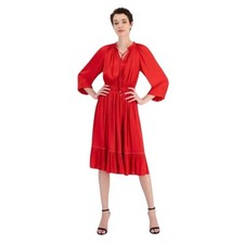 T Tahari Women's Split-Neck 3/4 Sleeve Dress in Tomato Red