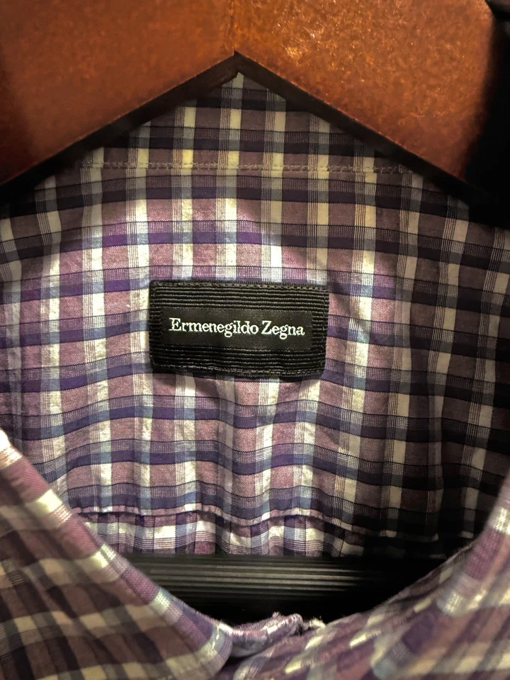CAMISA ERMENEGILDO ZEGNA PÚRPURA A CUADROS A RAYAS 100% ALGODÓN TALLA MEDIANA Foto 3 de 4