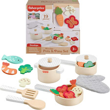 Fisher-Price Wood Kitchen Pretend Play Toy Pots Pans Set, 19-Piece Playset Woo